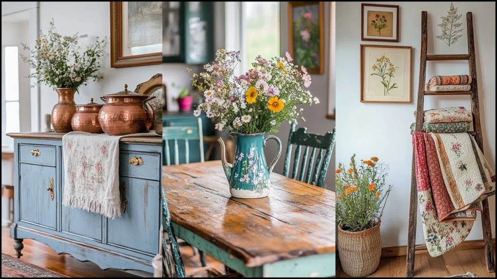 Vintage home decor with flowers, quilts, and antiques