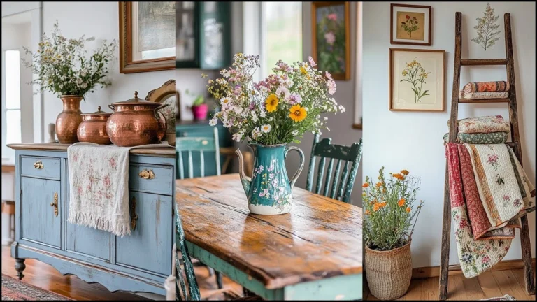 Vintage home decor with flowers, quilts, and antiques