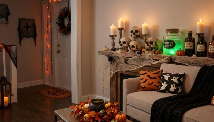 DIY Halloween table decor with jars, tombstones, and candles.
