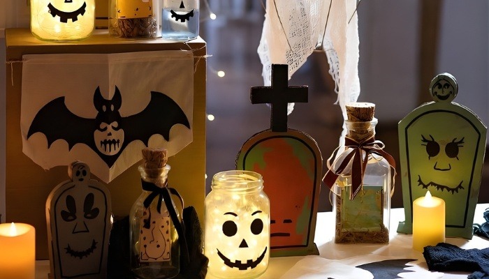  Window Halloween display with candles, spiders, and pumpkins.
