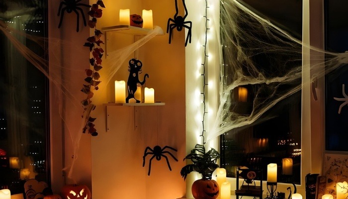 Family-friendly Halloween home with kitchen and play area.