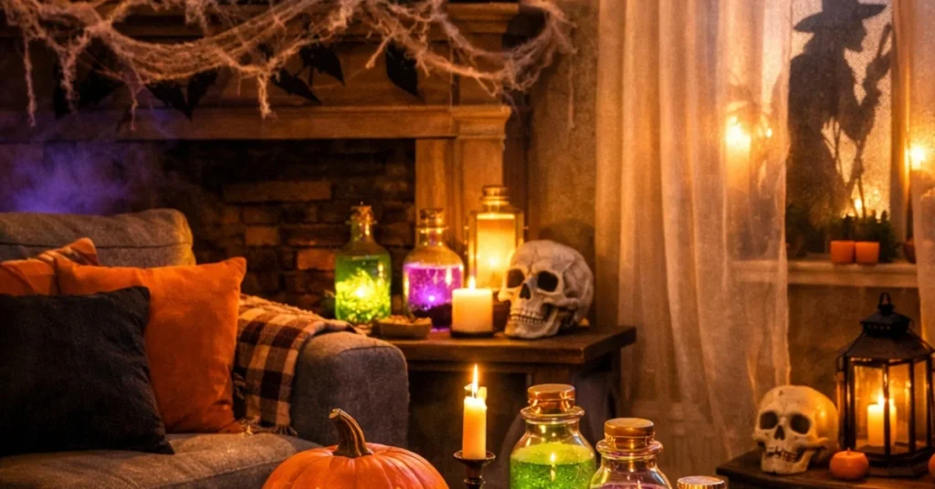 Cozy Halloween living room with potions, skulls, candles, and cobwebs.