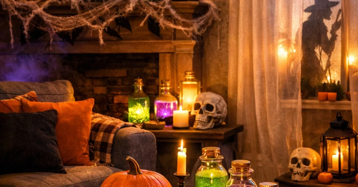 Cozy Halloween living room with potions, skulls, candles, and cobwebs.