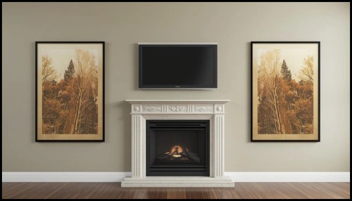  A TV and fireplace flanked by two matching framed artworks.