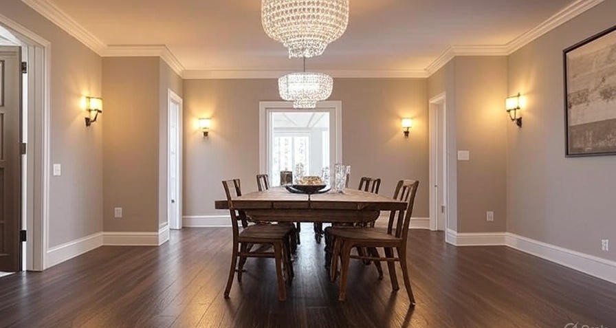 Elegant dining room with chandelier lighting.
