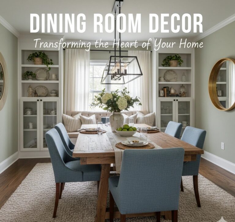 Stylish dining room with light green walls and blue chairs.
