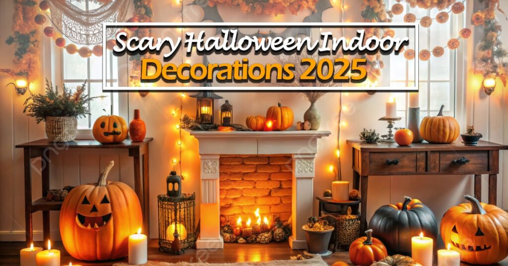 Cozy and Scary Halloween indoor decorations living room with pumpkins.