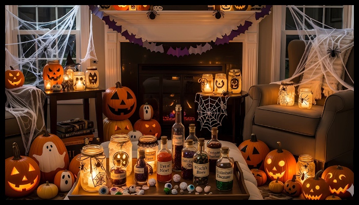 Halloween living room decor with pumpkins, bats, and potions.