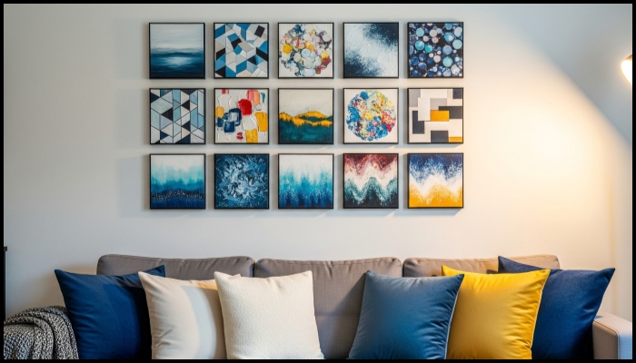  A gallery wall of diverse small canvases above a sofa.