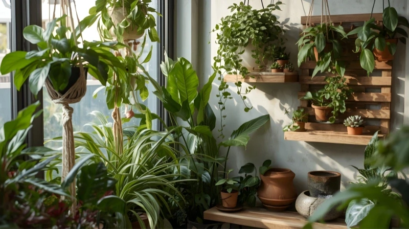 A cozy corner filled with a variety of plants in hanging pots and shelves, creating a lush, biophilic atmosphere.