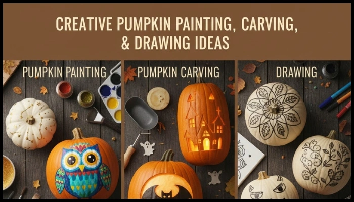 Three panels show creative pumpkin painting, carving, and drawing ideas.
