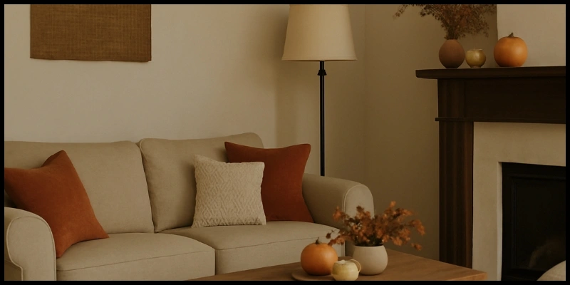 A cozy fall-inspired living room featuring a beige sofa with burnt orange cushions
