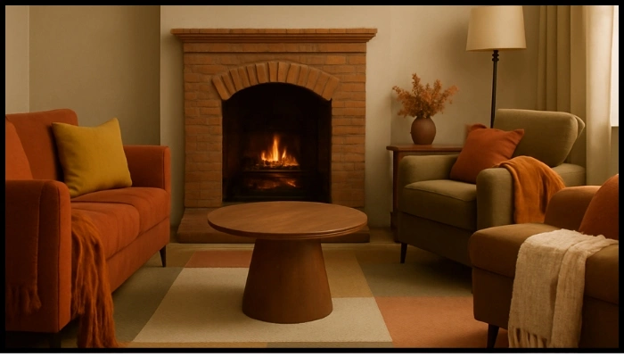 Cozy living room with sofas, a fireplace, and autumn throws.