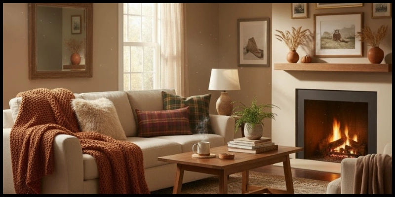 Cozy fall living room with layered textures: knit throws, faux fur pillow, rug on rug, and a fireplace.
