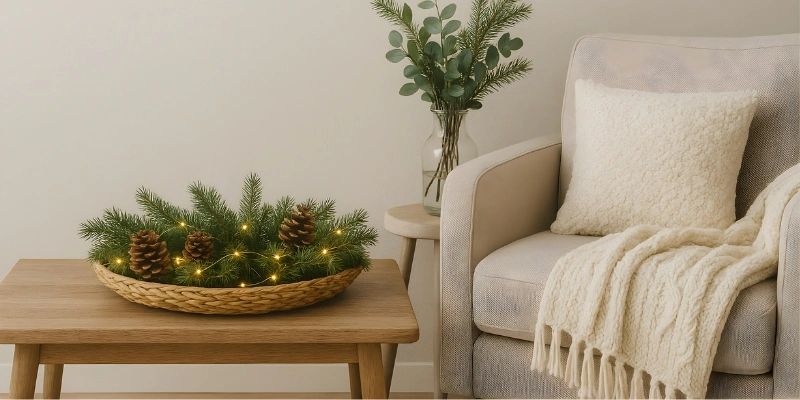 Cozy neutral winter living room with pine decor
