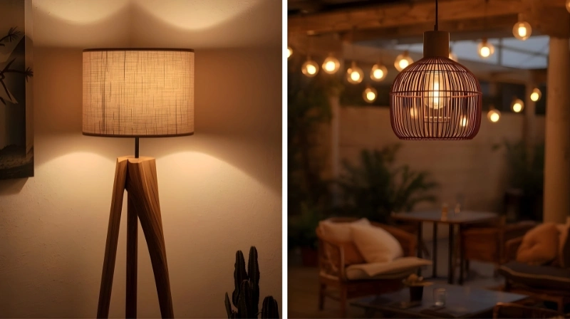 Warm lighting from a wooden lamp and a hanging rattan light.