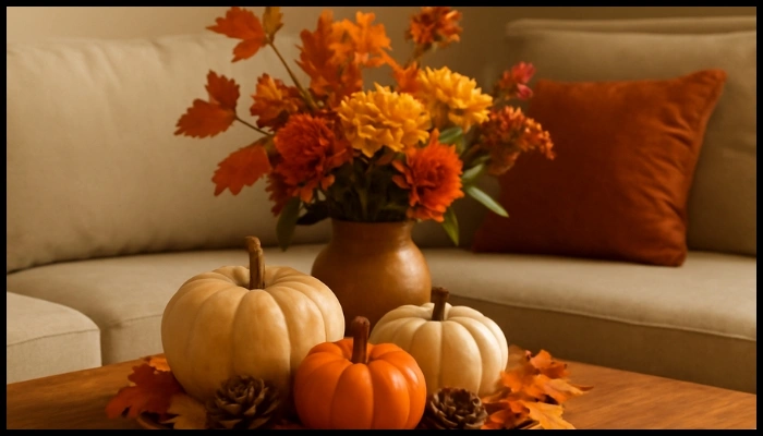 Autumn centerpiece with pumpkins, pinecones, leaves, and flowers.