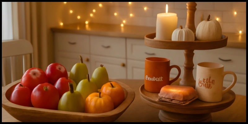 Kitchen nook with apples, pears, pumpkins, and seasonal mugs.