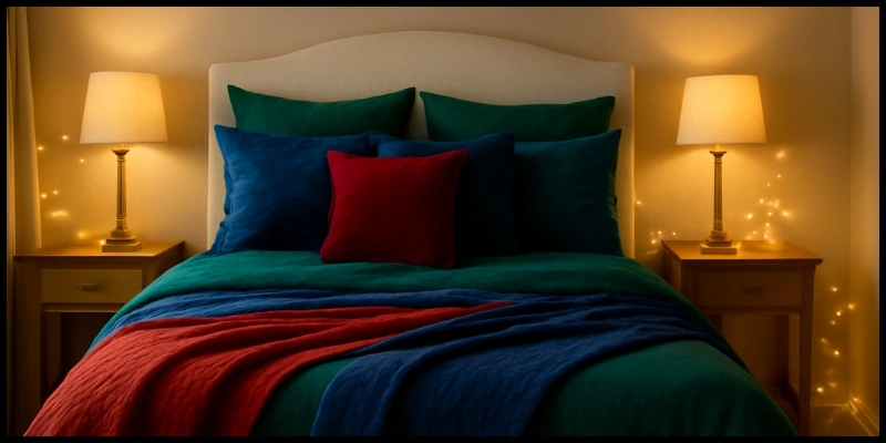 Bedroom with jewel-toned bedding, soft lighting, and pillows.