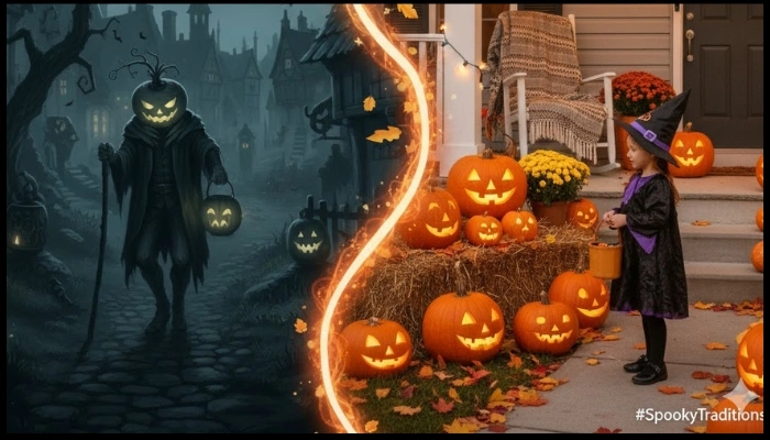 Pumpkin's journey: folklore ghost to front porch Halloween.