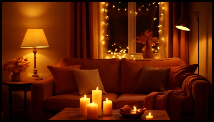 A cozy living room with warm, ambient lighting, featuring soft candlelight