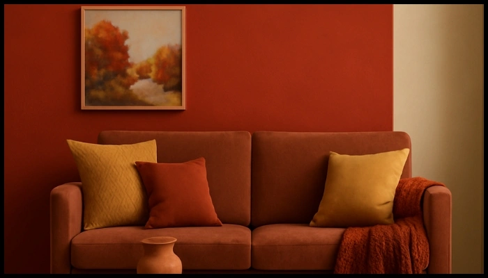 Cozy living room with rust-red walls and autumn decor.
