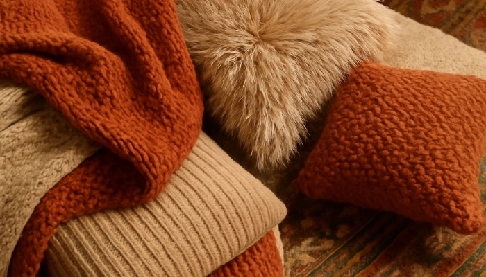 Close-up of layered throws, faux fur pillow, and textured cushions.