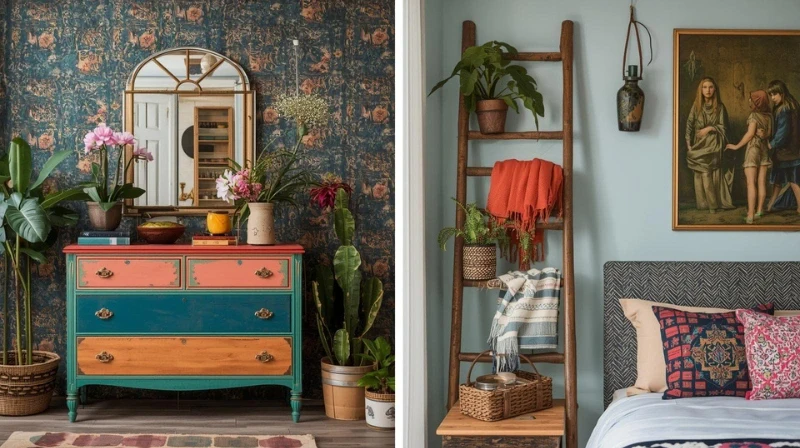 A vibrant room featuring a colorful upcycled dresser, plants, and a cozy bedroom corner with a wooden ladder shelf.