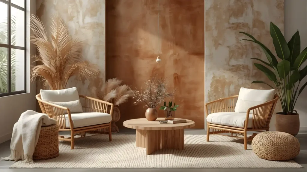 Cozy living room with rattan chairs, wood table, and plants.