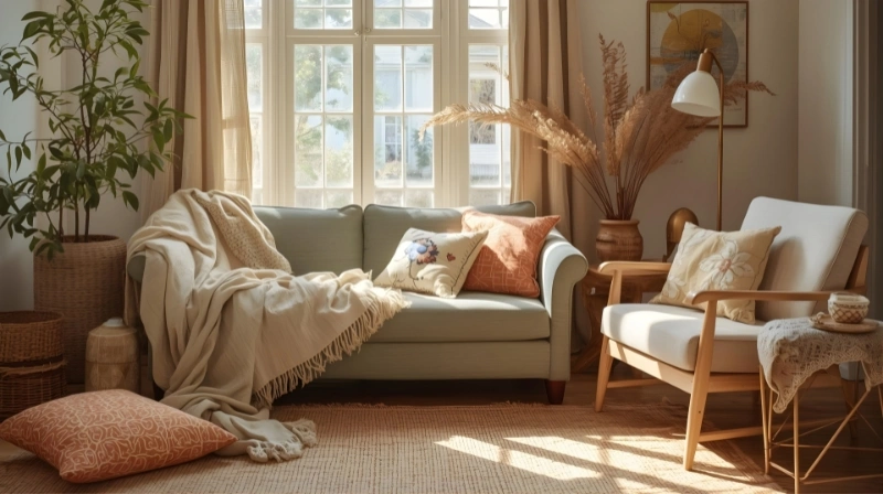 A cozy living room with a light sofa, patterned cushions, natural fiber rug, and soft lighting, highlighting sustainable textiles.