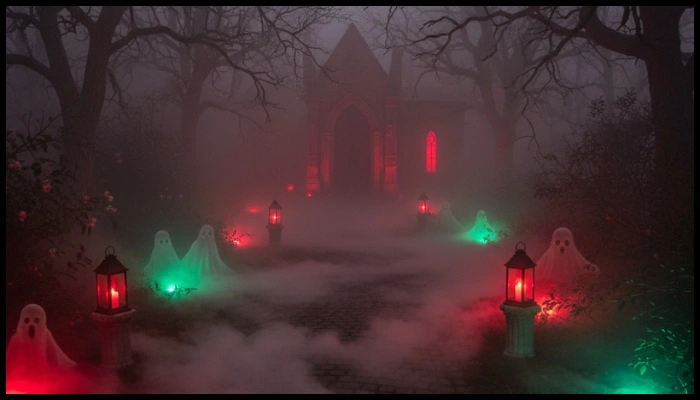 Foggy path, red/green lights, ghosts, and eerie trees.