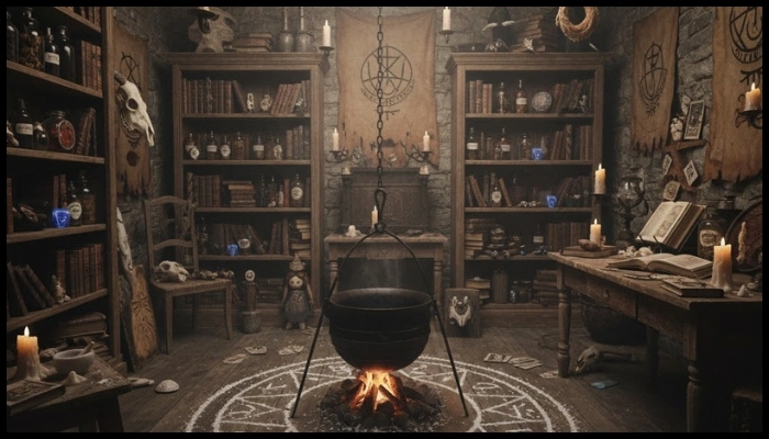 Realistic, dark witch's lair with a glowing cauldron, open spell book, and scattered skulls.