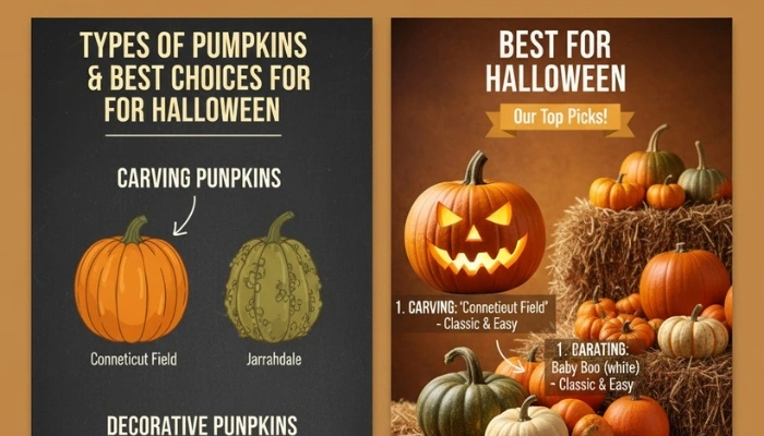 Infographic: Types of pumpkins for carving, decorating, and Halloween.