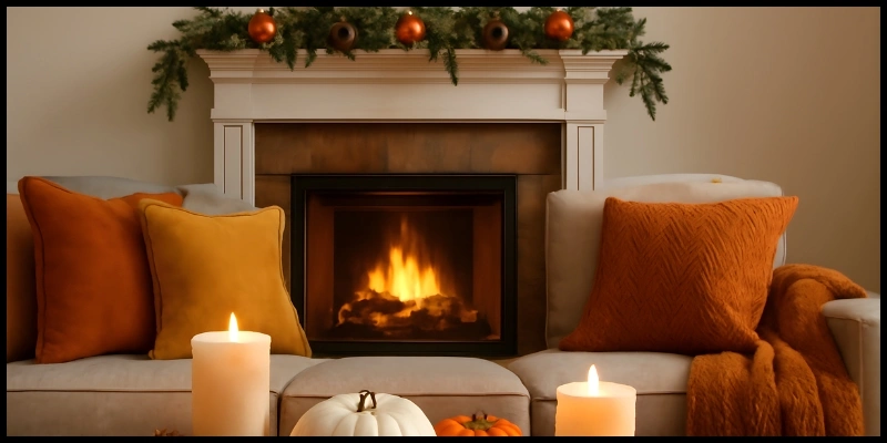 Autumn living room with pumpkins, candles, and a fireplace.