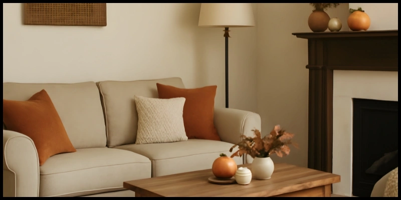 Cozy autumn living room with neutral tones and fall decor.