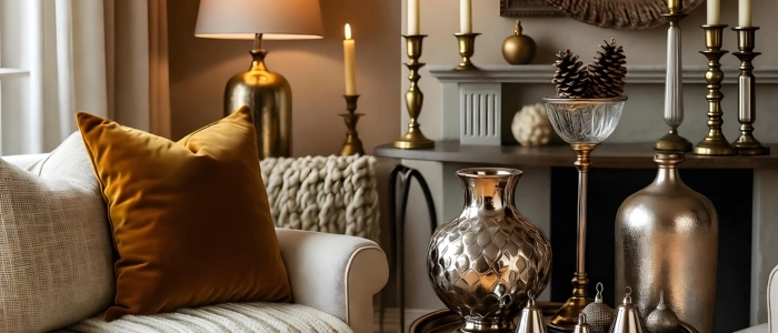 Christmas room decor: velvet, knits, mixed metals.