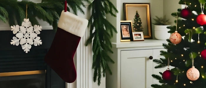 Crochet snowflakes, toy train, vintage photos with burgundy ribbons.