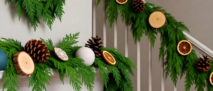 Cedar garland with pinecones, dried oranges, matte ornaments.