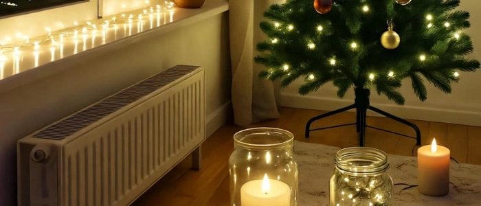 Color-changing smart lights, tree, jars, candles.