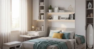 Modern small bedroom interior featuring a space-efficient bed, built-in storage, and a minimalist aesthetic.