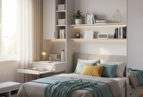 Modern small bedroom interior featuring a space-efficient bed, built-in storage, and a minimalist aesthetic.